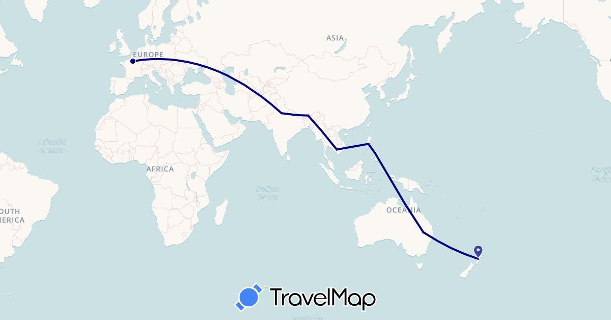 TravelMap itinerary: driving in Australia, Bhutan, France, India, Cambodia, Nepal, New Zealand, Philippines (Asia, Europe, Oceania)